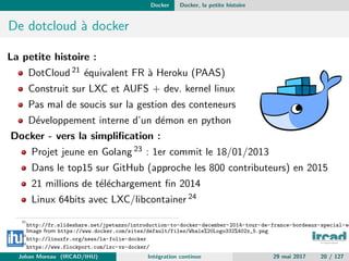 Docker Docker, la petite histoire
De dotcloud `a docker
La petite histoire :
DotCloud 21 ´equivalent FR `a Heroku (PAAS)
Construit sur LXC et AUFS + dev. kernel linux
Pas mal de soucis sur la gestion des conteneurs
D´eveloppement interne d’un d´emon en python
Docker - vers la simpliﬁcation :
Projet jeune en Golang 23 : 1er commit le 18/01/2013
Dans le top15 sur GitHub (approche les 800 contributeurs) en 2015
21 millions de t´el´echargement ﬁn 2014
Linux 64bits avec LXC/libcontainer 24
21
http://fr.slideshare.net/jpetazzo/introduction-to-docker-december-2014-tour-de-france-bordeaux-special-ed
Image from https://www.docker.com/sites/default/files/Whale%20Logo332%402x_5.png
23
http://linuxfr.org/news/la-folie-docker
24
https://www.flockport.com/lxc-vs-docker/
Johan Moreau (IRCAD/IHU) Int´egration continue 29 mai 2017 20 / 127
 