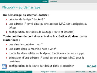 Docker Le r´eseau
Network - au d´emarrage
Au d´emarrage du daemon docker :
cr´eation du bridge ”docker0 ”
une adresse IP priv´e ainsi qu’une adresse MAC sont assign´ees au
bridge
conﬁguration des tables de routage (route et iptables)
Toute cr´eation de container entraˆıne la cr´eation de deux paires
d’interfaces :
une dans le container : eth*
une autre dans la machine hˆote : veth*
toutes les deux reli´ees au bridge et fonctionne comme un pipe
g´en´eration d’une adresse IP ainsi qu’une adresse MAC pour le
container
conﬁguration de la route par d´efaut dans le container
Johan Moreau (IRCAD/IHU) Int´egration continue 29 mai 2017 41 / 127
 