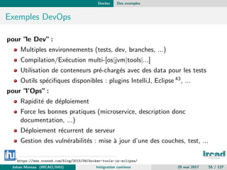 Docker Des exemples
Exemples DevOps
pour ”le Dev” :
Multiples environnements (tests, dev, branches, ...)
Compilation/Ex´ecution multi-[os|jvm|tools|...]
Utilisation de conteneurs pr´e-charg´es avec des data pour les tests
Outils sp´eciﬁques disponibles : plugins IntelliJ, Eclipse 43, ...
pour ”l’Ops” :
Rapidit´e de d´eploiement
Force les bonnes pratiques (microservice, description donc
documentation, ...)
D´eploiement r´ecurrent de serveur
Gestion des vuln´erabilit´es : mise `a jour d’une des couches, test, ...
43
https://www.voxxed.com/blog/2015/06/docker-tools-in-eclipse/
Johan Moreau (IRCAD/IHU) Int´egration continue 29 mai 2017 55 / 127
 