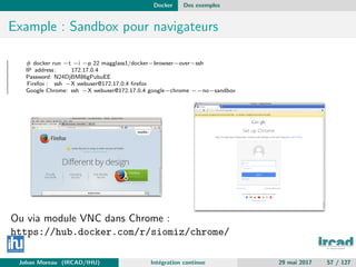 Docker Des exemples
Example : Sandbox pour navigateurs
# docker run −t −i −p 22 magglass1/docker−browser−over−ssh
IP address: 172.17.0.4
Password: N24DjBM86gPubuEE
Firefox : ssh −X webuser@172.17.0.4 ﬁrefox
Google Chrome: ssh −X webuser@172.17.0.4 google−chrome −−no−sandbox
Ou via module VNC dans Chrome :
https://hub.docker.com/r/siomiz/chrome/
Johan Moreau (IRCAD/IHU) Int´egration continue 29 mai 2017 57 / 127
 