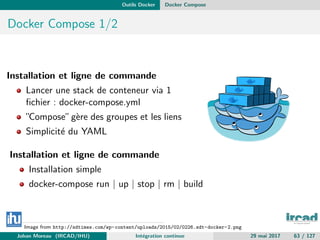 Outils Docker Docker Compose
Docker Compose 1/2
Installation et ligne de commande
Lancer une stack de conteneur via 1
ﬁchier : docker-compose.yml
”Compose”g`ere des groupes et les liens
Simplicit´e du YAML
Installation et ligne de commande
Installation simple
docker-compose run | up | stop | rm | build
Image from http://sdtimes.com/wp-content/uploads/2015/02/0226.sdt-docker-2.png
Johan Moreau (IRCAD/IHU) Int´egration continue 29 mai 2017 63 / 127
 
