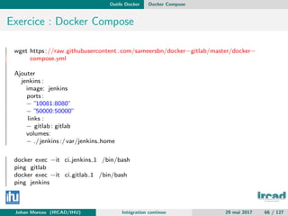 Outils Docker Docker Compose
Exercice : Docker Compose
wget https://raw.githubusercontent .com/sameersbn/docker−gitlab/master/docker−
compose.yml
Ajouter
jenkins :
image: jenkins
ports :
− ”10081:8080”
− ”50000:50000”
links :
− gitlab : gitlab
volumes:
− ./jenkins :/var/jenkins home
docker exec −it ci jenkins 1 /bin/bash
ping gitlab
docker exec −it ci gitlab 1 /bin/bash
ping jenkins
Johan Moreau (IRCAD/IHU) Int´egration continue 29 mai 2017 66 / 127
 