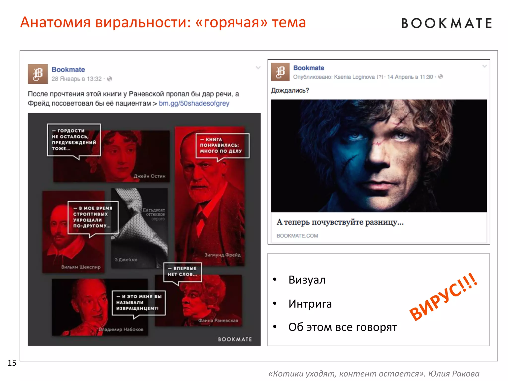 15	
  
Анатомия	
  виральности:	
  «горячая»	
  тема	
  
	
  
•  Визуал	
  
	
  
•  Интрига	
  
	
  
•  Об	
  этом	
  все	
  говорят	
  
«Котики	
  уходят,	
  контент	
  остается».	
  Юлия	
  Ракова	
  
 