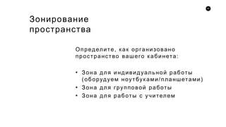 20
Зонирование
пространства
Определите, как организовано
пространство вашего кабинета:
• Зона для индивидуальной работы
(оборудуем ноутбуками/планшетами)
• Зона для групповой работы
• Зона для работы с учителем
 