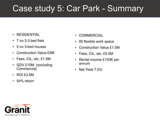 Case study 5: Car Park - Summary
• RESIDENTIAL
• 7 no 2-3 bed flats
• 5 no 3-bed houses
• Construction Value £5M
• Fees, CIL, etc. £1.5M
• GDV £10M (excluding
Commercial)
• ROI £3.5M
• 54% return
• COMMERCIAL
• 80 flexible work space
• Construction Value £1.5M
• Fees, CIL, etc. £0.5M
• Rental income £150K per
annum
• Net Yield 7.5%
 