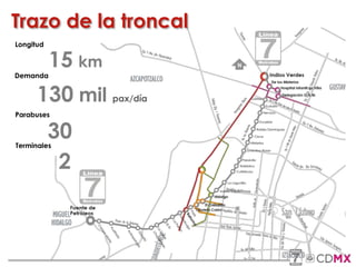 15 km
130 mil pax/día
Trazo de la troncal
Longitud
Demanda
Parabuses
30Terminales
2
 