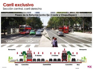 Carril exclusivo
Sección central, carril derecho
Paseo de la Reforma (entre Eje 2 norte y Chapultepec)
 