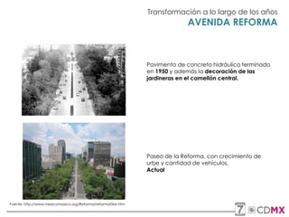 Transformación a lo largo de los años
AVENIDA REFORMA
Pavimento de concreto hidráulico terminado
en 1950 y además la decoración de las
jardineras en el camellón central.
Paseo de la Reforma, con crecimiento de
urbe y cantidad de vehículos.
Actual
Fuente: http://www.mexicomaxico.org/Reforma/reformaGlor.htm
 