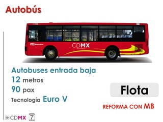 Flota
Autobuses entrada baja
12 metros
90 pax
Tecnología Euro V
REFORMA CON MB
Autobús
 