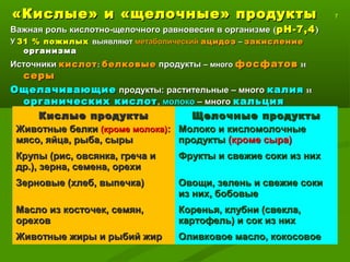 «Кислые» и «щелочные» продукты«Кислые» и «щелочные» продукты 7
Важная роль кислотно-щелочного равновесия в организмеВажная роль кислотно-щелочного равновесия в организме ((рН-7,4рН-7,4))
УУ 31 % пожилых31 % пожилых выявляютвыявляют метаболическийметаболический ацидозацидоз –– закислениезакисление
организмаорганизма
ИсточникиИсточники кислоткислот:: белковыебелковые продуктыпродукты – много– много фосфатовфосфатов ии
серысеры
ОщелачивающиеОщелачивающие продукты: растительные – многопродукты: растительные – много калиякалия ии
органических кислоторганических кислот,, молокомолоко – много– много кальциякальция
Щелочные продукты – 2/3Щелочные продукты – 2/3 :: Кислые продукты – 1/3Кислые продукты – 1/3Кислые продуктыКислые продукты Щелочные продуктыЩелочные продукты
Животные белкиЖивотные белки (кроме молока)(кроме молока)::
мясо, яйца, рыба, сырымясо, яйца, рыба, сыры
Молоко и кисломолочныеМолоко и кисломолочные
продуктыпродукты (кроме сыра)(кроме сыра)
Крупы (рис, овсянка, греча иКрупы (рис, овсянка, греча и
др.), зерна, семена, орехидр.), зерна, семена, орехи
Фрукты и свежие соки из нихФрукты и свежие соки из них
Зерновые (хлеб, выпечка)Зерновые (хлеб, выпечка) Овощи, зелень и свежие сокиОвощи, зелень и свежие соки
из них, бобовыеиз них, бобовые
Масло из косточек, семян,Масло из косточек, семян,
ореховорехов
Коренья, клубни (свекла,Коренья, клубни (свекла,
картофель) и сок из нихкартофель) и сок из них
Животные жиры и рыбий жирЖивотные жиры и рыбий жир Оливковое масло, кокосовоеОливковое масло, кокосовое
 