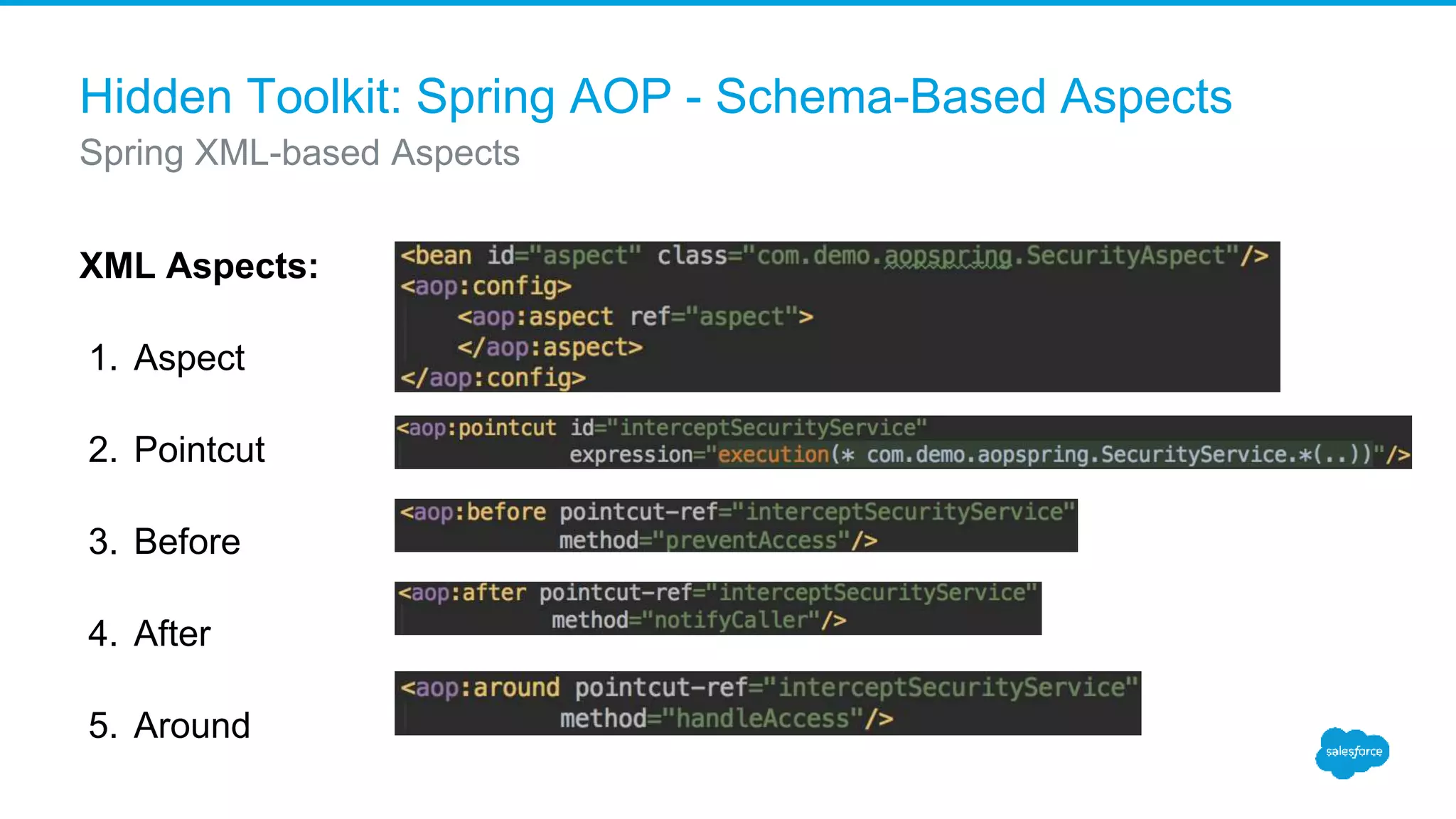 Hidden Toolkit: Spring AOP - Schema-Based Aspects XML Aspects: 1. Aspect 2. Pointcut 3. Before 4. After 5. Around Spring XML-based Aspects 