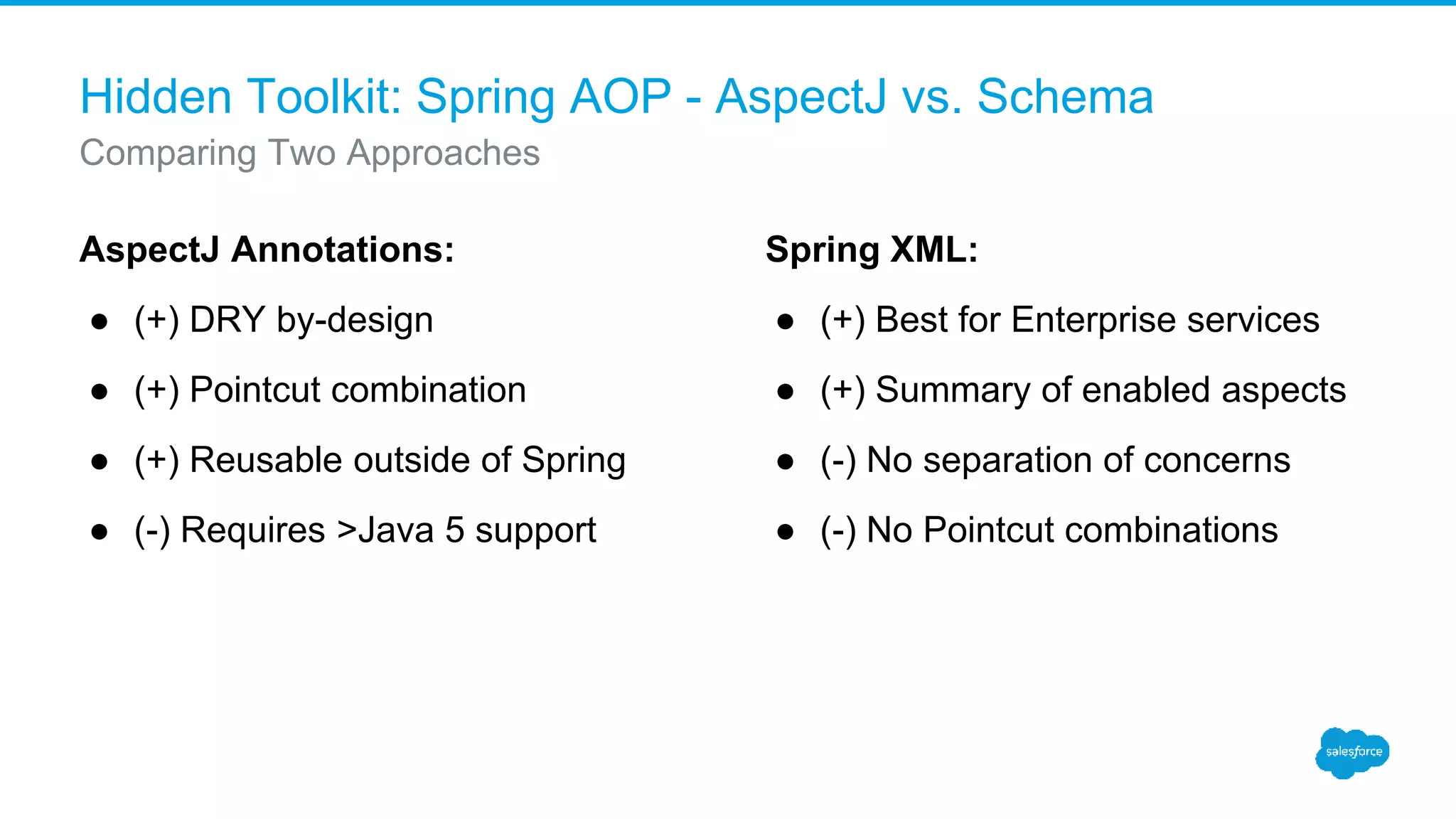 Hidden Toolkit: Spring AOP - AspectJ vs. Schema AspectJ Annotations: ● (+) DRY by-design ● (+) Pointcut combination ● (+) Reusable outside of Spring ● (-) Requires >Java 5 support Spring XML: ● (+) Best for Enterprise services ● (+) Summary of enabled aspects ● (-) No separation of concerns ● (-) No Pointcut combinations Comparing Two Approaches 
