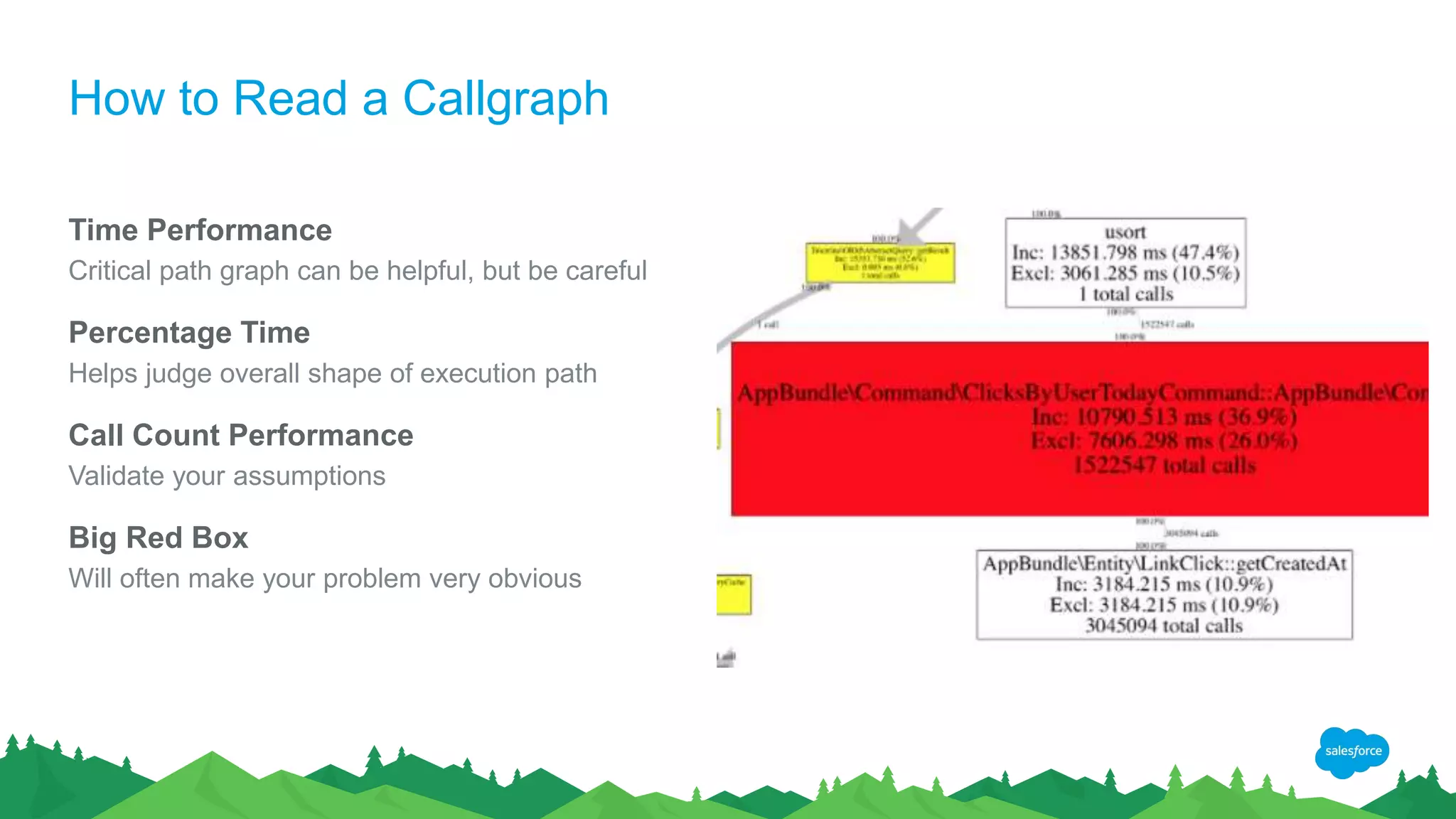 How to Read a Callgraph
Time Performance
Critical path graph can be helpful, but be careful
Percentage Time
Helps judge overall shape of execution path
Call Count Performance
Validate your assumptions
Big Red Box
Will often make your problem very obvious
 