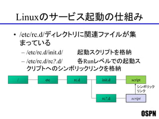 OSPN
Linuxのサービス起動の仕組み
• /etc/rc.d/ディレクトリに関連ファイルが集
まっている
– /etc/rc.d/init.d/ 起動スクリプトを格納
– /etc/rc.d/rc?.d/ 各Runレベルでの起動ス
クリプトへのシンボリックリンクを格納
scriptinit.d
rc?.d
etc/
script
rc.d
シンボリック
リンク
 