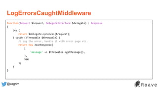 @asgrim
LogErrorsCaughtMiddleware
function(Request $request, DelegateInterface $delegate) : Response
{
try {
return $delegate->process($request);
} catch (Throwable $throwable) {
// Log the error, handle it with error page etc.
return new JsonResponse(
[
'message' => $throwable->getMessage(),
],
500
);
}
}
 