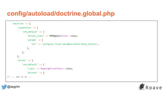 @asgrim
'doctrine' => [
'connection' => [
'orm_default' => [
'driver_class' => PDOPgSqlDriver::class,
'params' => [
'url' => 'postgres://user:pass@localhost/book_library',
],
],
],
'driver' => [
'orm_default' => [
'class' => MappingDriverChain::class,
'drivers' => [
// ... and so on ...
config/autoload/doctrine.global.php
 