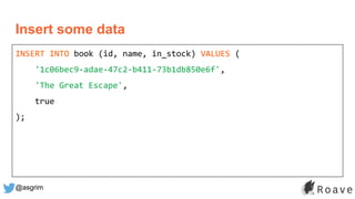 @asgrim
Insert some data
INSERT INTO book (id, name, in_stock) VALUES (
'1c06bec9-adae-47c2-b411-73b1db850e6f',
'The Great Escape',
true
);
 