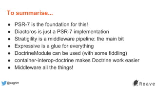 @asgrim
To summarise...
● PSR-7 is the foundation for this!
● Diactoros is just a PSR-7 implementation
● Stratigility is a middleware pipeline: the main bit
● Expressive is a glue for everything
● DoctrineModule can be used (with some fiddling)
● container-interop-doctrine makes Doctrine work easier
● Middleware all the things!
 