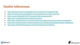 @asgrim
Useful references
● https://framework.zend.com/blog/2017-03-13-expressive-2-migration.html
● https://framework.zend.com/blog/2017-03-30-expressive-config-routes.html
● https://mwop.net/blog/2016-05-16-programmatic-expressive.html
● https://docs.zendframework.com/zend-expressive/
● https://docs.zendframework.com/zend-expressive/cookbook/autowiring-routes-and-pipelines/
● https://docs.zendframework.com/zend-expressive/cookbook/passing-data-between-middleware/
● http://www.masterzendframework.com/zend-expressive-introduction/
 