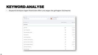 40
KEYWORD-ANALYSE
‣ Keyword-Analysen legen Potenziale offen und zeigen die gefragten Stichworte.
mywingo.com
 