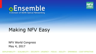 DEPLOYABILITY – SCALABILITY – SECURITY– URGENCY – FOCUS – AGILITY – OPENNESS – COST EFFECTIVE
Making NFV Easy
NFV World Congress
May 4, 2017
 