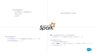 userSegments
.flatMap(_.segments)
.distinct
.count
userSegments.count
userSegments
.flatMap(r => r.segments.map(_ -> 1L))
.reduceByKey(_ + _)
val userSegmentPairs = userSegments
.flatMap(r => r.segments.map(r.userId -> _))
userSegmentPairs
.join(userSegmentPairs)
.map { case (_, (feat1, feat2)) => (feat1, feat2) -> 1L }
.reduceByKey(_ + _)
 