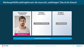 Versprechen
eines Nutzens
Erfüllen
eines Nutzens
Erfüllen
eines Interesses
Werbung MUSS aufdringlich sein. Sie muss sich „aufdrängen“. Das ist ihr Zweck!
copyright Scompler GmbH (alle Rechte vorbehalten) 22Freitag, 9. Juni 2017
WERBUNG CONTENT MARKETING
„Aufdringlich sein“
WERBUNG
UNTERNEHMEN
Grad der Bedürfnis-Erfüllung
 