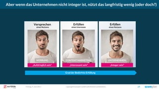 Versprechen
eines Nutzens
Erfüllen
eines Nutzens
Erfüllen
eines Interesses
Aber wenn das Unternehmen nicht integer ist, nützt das langfristig wenig (oder doch?)
copyright Scompler GmbH (alle Rechte vorbehalten) 24Freitag, 9. Juni 2017
WERBUNG
„Aufdringlich sein“
WERBUNG
„Interessant sein“
CONTENT MARKETING
„Integer sein“
UNTERNEHMEN
Grad der Bedürfnis-Erfüllung
 