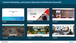 Content-Marketing- und Content-Operations-Plattformen (Auswahl)
copyright Scompler GmbH (alle Rechte vorbehalten) 76Freitag, 9. Juni 2017
Percolate
ScomplerCurataContently,
Kapost Newscred
 