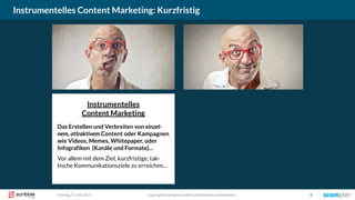 Instrumentelles
Content Marketing
Das Erstellen und Verbreiten von einzel-
nem, attraktivem Content oder Kampagnen
wie Videos, Memes, Whitepaper, oder
Infografiken (Kanäle und Formate)…
Vor allem mit dem Ziel, kurzfristige, tak-
tische Kommunikationsziele zu erreichen…
copyright Scompler GmbH (alle Rechte vorbehalten) 8Freitag, 9. Juni 2017
Instrumentelles Content Marketing: Kurzfristig
 