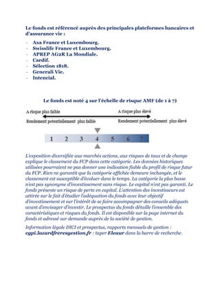 Le fonds est référencé auprès des principales plateformes bancaires et
d’assurance vie :
- Axa France et Luxembourg.
- Swisslife France et Luxembourg.
- APREP AG2R La Mondiale.
- Cardif.
- Sélection 1818.
- Generali Vie.
- Intencial.
Le fonds est noté 4 sur l’échelle de risque AMF (de 1 à 7)
L’exposition diversifiée aux marchés actions, aux risques de taux et de change
explique le classement du FCP dans cette catégorie. Les données historiques
utilisées pourraient ne pas donner une indication fiable du profil de risque futur
du FCP. Rien ne garantit que la catégorie affichée demeure inchangée, et le
classement est susceptible d’évoluer dans le temps. La catégorie la plus basse
n’est pas synonyme d’investissement sans risque. Le capital n’est pas garanti. Le
fonds présente un risque de perte en capital. L’attention des investisseurs est
attirée sur le fait d’étudier l’adéquation du fonds avec leur objectif
d’investissement et sur l’intérêt de se faire accompagner des conseils adéquats
avant d’envisager d’investir. Le prospectus du fonds détaille l’ensemble des
caractéristiques et risques du fonds. Il est disponible sur la page internet du
fonds et adressé sur demande auprès de la société de gestion.
Information légale DICI et prospectus, rapports mensuels de gestion :
cgpi.lazardfreresgestion.fr : taper Eleaur dans la barre de recherche.
 