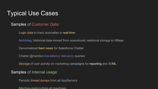 Typical Use Cases
Samples of Customer Data:
Login data to track anomalies in real-time
Archiving, historical data moved from operational, relational storage to HBase
Denormalized feed views for Salesforce Chatter
Chatter @mention low-latency relevancy queries
Storage of user activity on marketing campaigns for reporting and AI/ML
Samples of Internal usage:
Periodic thread dumps from all AppServers
 