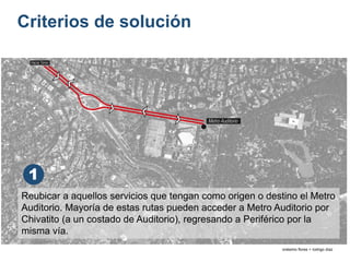 Criterios de solución
onésimo flores + rodrigo díaz
1
Reubicar a aquellos servicios que tengan como origen o destino el Metro
Auditorio. Mayoría de estas rutas pueden acceder a Metro Auditorio por
Chivatito (a un costado de Auditorio), regresando a Periférico por la
misma vía.
 