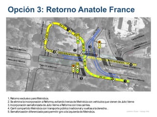Pend. 6%
LIGA
A GUARNICIONEXISTENTE
OBELISCOASIMONBOLIVAR
carril compartido
carril compartido
MB
MB
1.Retorno exclusivo paraMetrobús.
2.Se eliminalaincorporación aReforma,evitando trenzade Metrobúscon vehículosque vienen de Julio Verne
3.Incorporación semaforizadade Julio Verne aReformacon trescarriles.
4.Carril compartido Metrobúscon transporte público tradicional y vueltasaladerecha..
5.Semaforización diferenciadaparapermitir giro alaizquierdade Metrobús.
Paseo de laReforma
Paseo de laReforma
Paseo de laReforma
Paseo de laReforma
Paseo de laReforma
JulioVerne
JulioVerne
CamposEliseos
AnatoleFrance
CamposEliseos
CamposEliseos
1
2
3
5
4
1
4
Opción 3: Retorno Anatole France
onésimo flores + rodrigo díaz
 