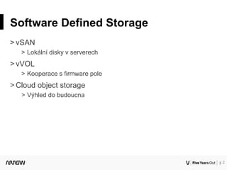 2
Software Defined Storage
˃ vSAN
˃ Lokální disky v serverech
˃ vVOL
˃ Kooperace s firmware pole
˃ Cloud object storage
˃ Výhled do budoucna
2
 