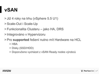 4
vSAN
˃ Již 4 roky na trhu (vSphere 5.5 U1)
˃ Scale-Out i Scale-Up
˃ Funkcionalita Clusteru – jako HA, DRS
˃ Integrováno v Hypervizoru
˃ Pro supported řešení nutno mít Hardware na HCL
˃ HBA
˃ Disky (SSD/HDD)
˃ Doporučeno vycházet z vSAN Ready nodes výrobců
4
 