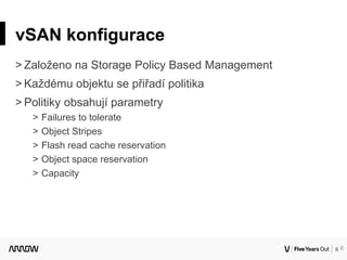 6
vSAN konfigurace
˃ Založeno na Storage Policy Based Management
˃ Každému objektu se přiřadí politika
˃ Politiky obsahují parametry
˃ Failures to tolerate
˃ Object Stripes
˃ Flash read cache reservation
˃ Object space reservation
˃ Capacity
6
 