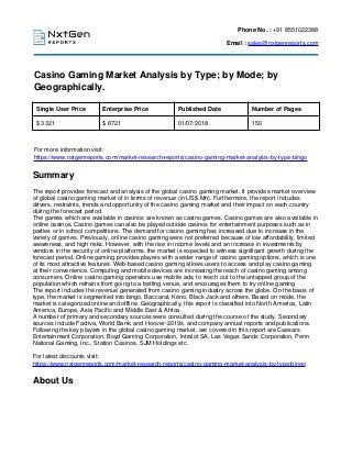 Phone No. : +91 8551022388
Email : sales@nxtgenreports.com
Casino Gaming Market Analysis by Type; by Mode; by
Geographically.
Single User Price Enterprise Price Published Date Number of Pages
$ 3321 $ 8721 01/07/2018 150
For more information visit:
https://www.nxtgenreports.com/market-research-reports/casino-gaming-market-analysis-by-type-bingo
Summary
The report provides forecast and analysis of the global casino gaming market. It provides market overview
of global casino gaming market of in terms of revenue (in US$ Mn). Furthermore, the report includes
drivers, restraints, trends and opportunity of the casino gaming market and their impact on each country
during the forecast period.
The games which are available in casinos are known as casino games. Casino games are also available in
online casinos. Casino games can also be played outside casinos for entertainment purposes such as in
parties or in school competitions. The demand for casino gaming has increased due to increase in the
variety of games. Previously, online casino gaming were not preferred because of low affordability, limited
awareness, and high risks. However, with the rise in income levels and an increase in investments by
vendors in the security of online platforms, the market is expected to witness significant growth during the
forecast period. Online gaming provides players with a wider range of casino gaming options, which is one
of its most attractive features. Web-based casino gaming allows users to access and play casino gaming
at their convenience. Computing and mobile devices are increasing the reach of casino gaming among
consumers. Online casino gaming operators use mobile ads, to reach out to the untapped group of the
population which refrains from going to a betting venue, and encourages them to try online gaming
The report includes the revenue generated from casino gaming industry across the globe. On the basis of
type, the market is segmented into bingo, Baccarat, Keno, Black Jack and others. Based on mode, the
market is categorized online and offline. Geographically, this report is classified into North America, Latin
America, Europe, Asia Pacific and Middle East & Africa.
A number of primary and secondary sources were consulted during the course of the study. Secondary
sources include Factiva, World Bank, and Hoover-2019s, and company annual reports and publications.
Following the key players in the global casino gaming market, are covered in this report are Caesars
Entertainment Corporation, Boyd Gaming Corporation, Intralot SA, Las Vegas Sands Corporation, Penn
National Gaming, Inc., Station Casinos, SJM Holdings etc.
For latest discounts visit:
https://www.nxtgenreports.com/market-research-reports/casino-gaming-market-analysis-by-type-bingo
About Us
 