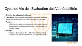 Cycle de Vie de l’Évaluation des Vulnérabilités
• Création d’une Base de Référence
• Objectif : Établir un inventaire complet des actifs (serveurs,
applications, réseaux) et de leurs configurations actuelles.
• Actions :
• Identifier les systèmes critiques et leurs dépendances.
• Documenter les versions logicielles, configurations, et
accès réseau.
• Exemple :
• Création d’un registre des actifs incluant l’état initial
des pare-feu, des services actifs, et des ports ouverts.
 