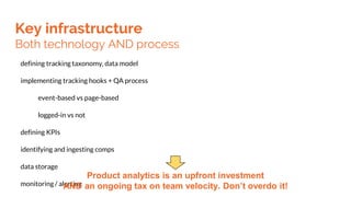 Key infrastructure
Both technology AND process
defining tracking taxonomy, data model
implementing tracking hooks + QA pro...