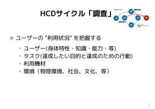 23
HCDサイクル「調査」
•ユーザーの ”利用状況” を把握する
• ユーザー(身体特性・知識・能力・等)
• タスク(達成したい目的と達成のための行動)
• 利用機材
• 環境（物理環境、社会、文化、等）
 