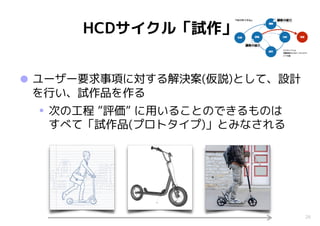 26
HCDサイクル「試作」
•ユーザー要求事項に対する解決案(仮説)として、設計
を行い、試作品を作る
• 次の工程 ”評価” に用いることのできるものは 
すべて「試作品(プロトタイプ)」とみなされる
 