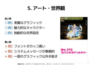 36
5. アート・世界観
○例) 美麗なグラフィック
○例) 魅力的なキャラクター
○例) 独創的な世界設定
× 例) フォントがカッコ悪い
× 例) システムメッセージが事務的
× 例) 一部のグラフィック以外手抜き
良い例
悪い例
画像引用元：iOSアプリ「パズル&ドラゴンズ」（ガンホー・オンライン・エンターテイメント）
No.972
プリンセスヴァルキリー
 