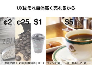 9
UXはそれ自体高く売れるから
$1 $5¢2 ¢25 $5¢2 ¢25
参考文献「[新訳]経験経済」B・J・パインII (著), J・H・ギルモア (著)
 