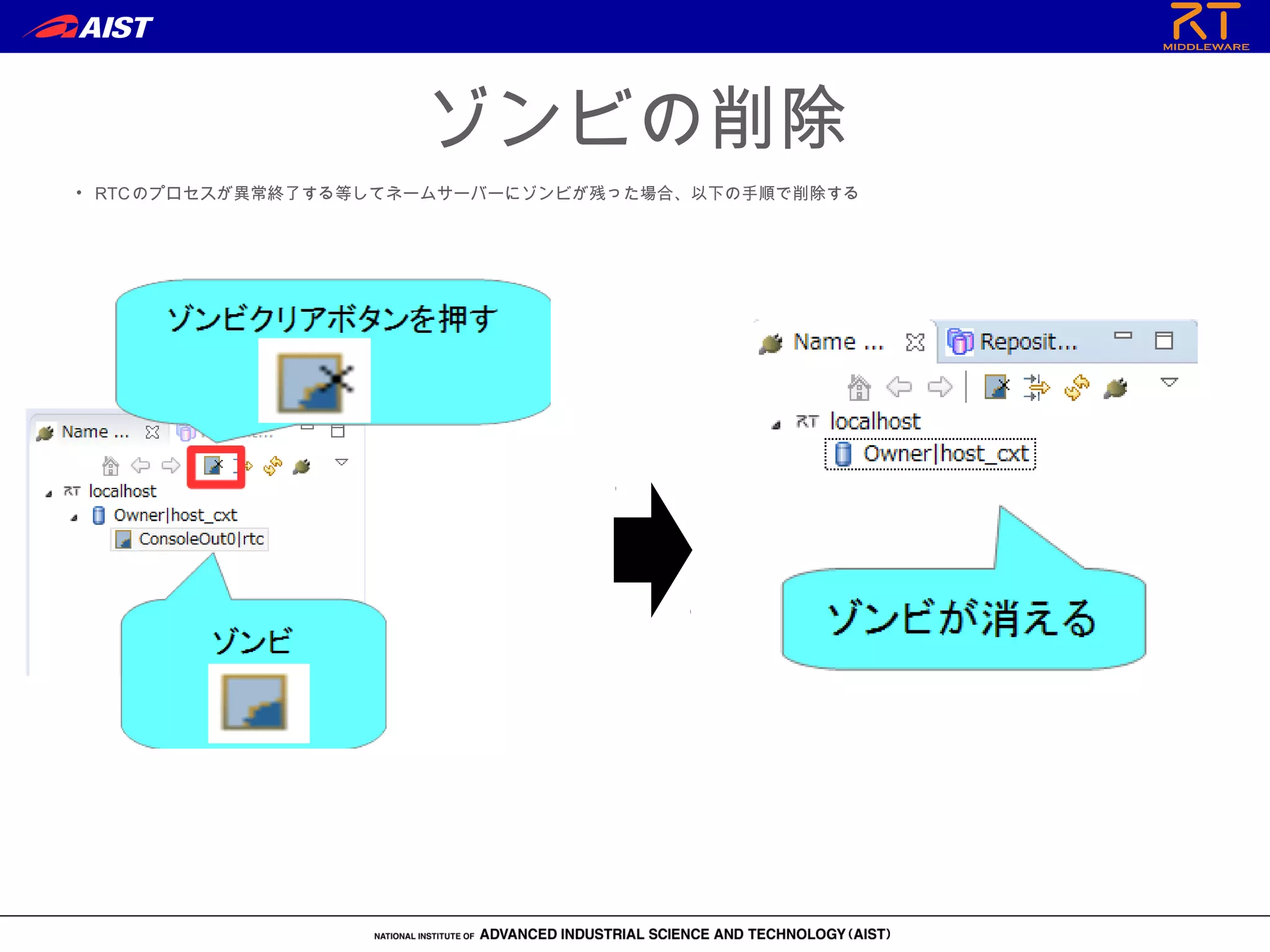 ゾンビの削除
• RTCのプロセスが異常終了する等してネームサーバーにゾンビが残った場合、以下の手順で削除する
 