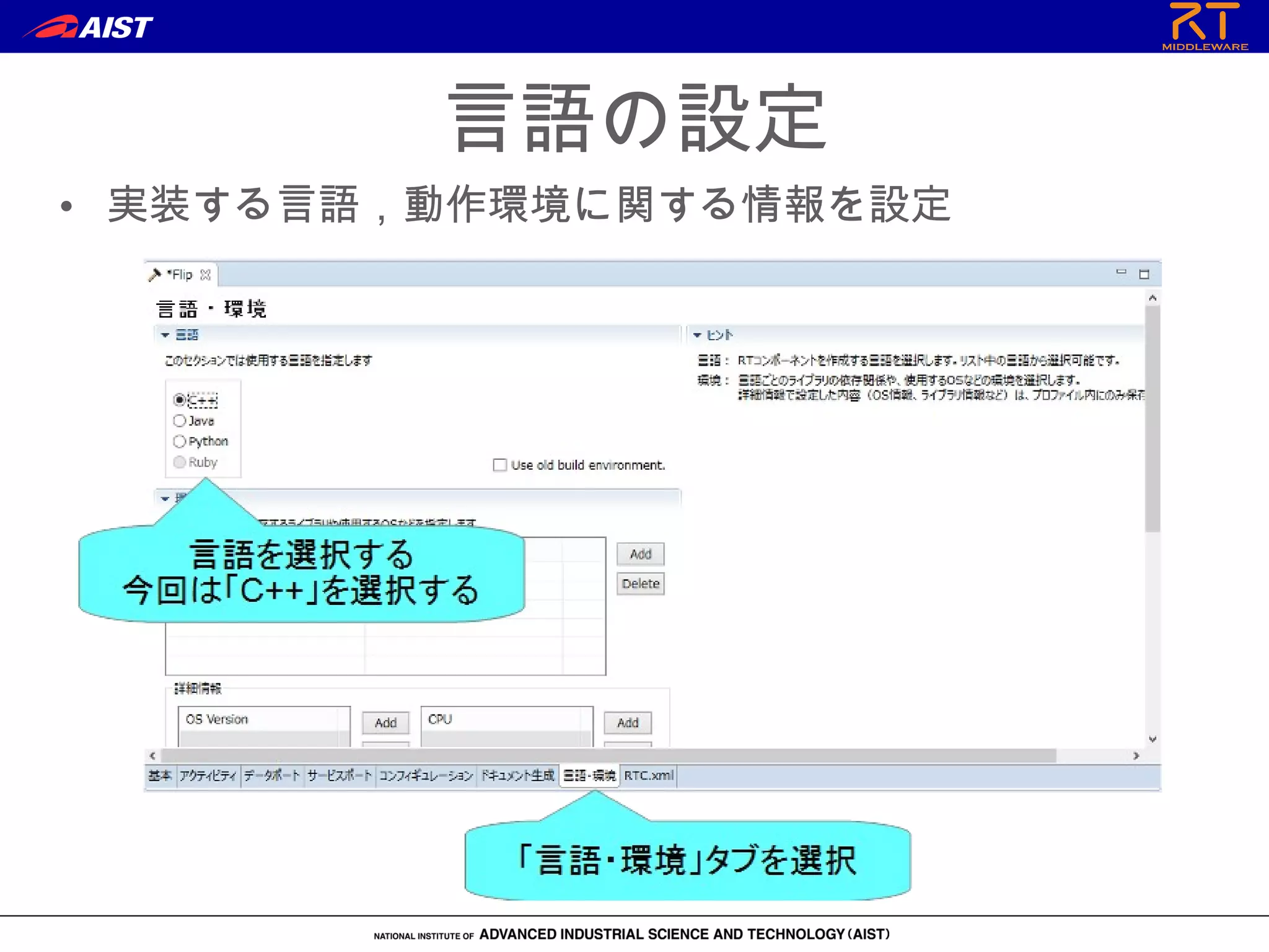 言語の設定
• 実装する言語，動作環境に関する情報を設定
 