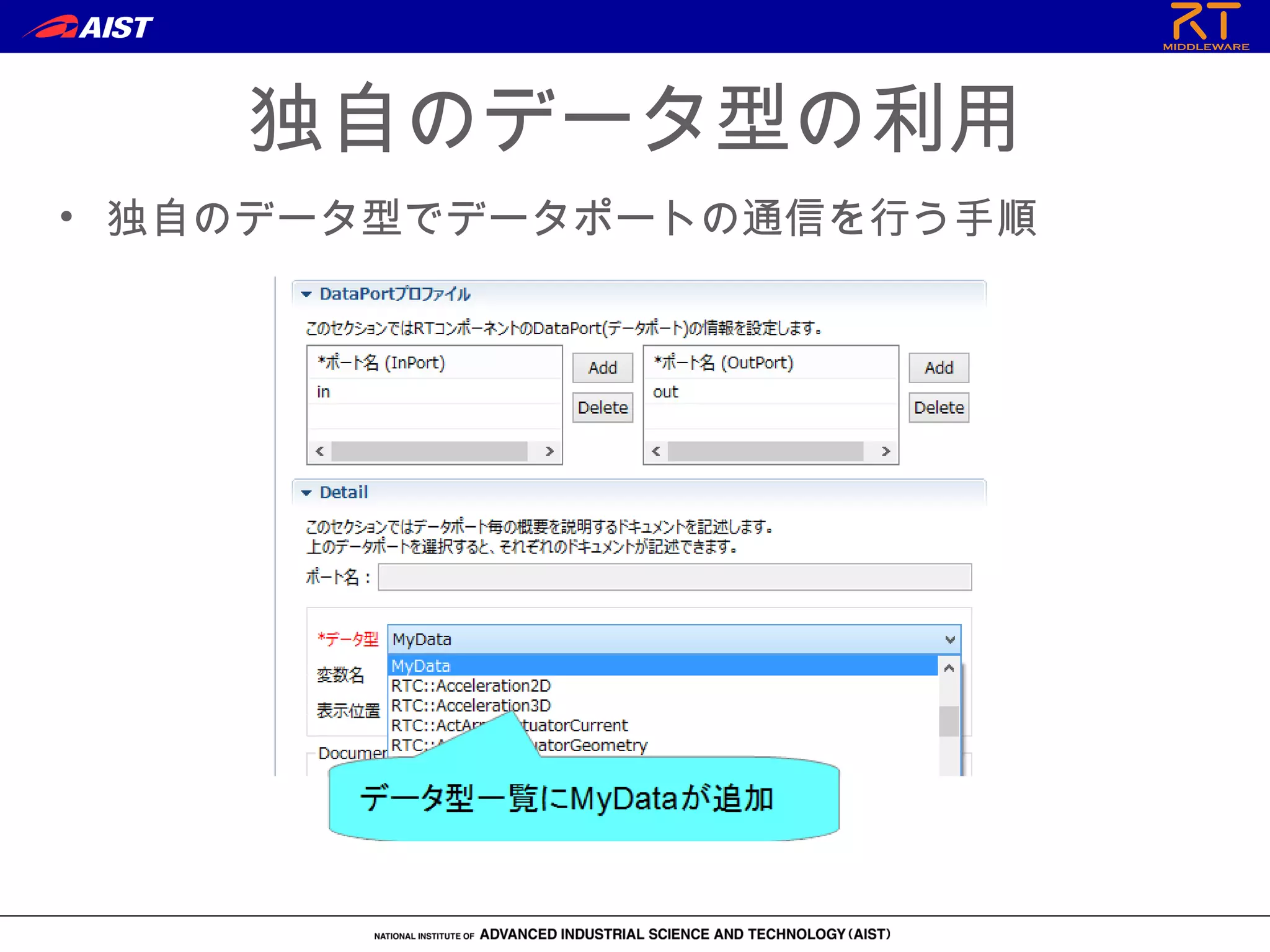 独自のデータ型の利用
• 独自のデータ型でデータポートの通信を行う手順
 