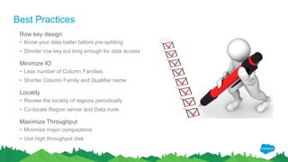 Best Practices
Row key design
• Know your data better before pre-splitting
• Shorter row key but long enough for data access
Minimize IO
• Less number of Column Families
• Shorter Column Family and Qualifier name
Locality
• Review the locality of regions periodically
• Co-locate Region server and Data node
Maximize Throughput
• Minimize major compactions
• Use high throughput disk
 