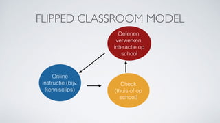 FLIPPED CLASSROOM MODEL
Online
instructie (bijv.
kennisclips)
Check
(thuis of op
school)
Oefenen,
verwerken,
interactie op
school
 