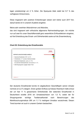 Seite 21 von 33
lagen preisbereinigt um 2 % höher. Die Sparquote blieb stabil bei 9,7 % des
verfügbaren Einkommens.
Diese insgesamt sehr positiven Entwicklungen setzen sich bisher auch 2017 fort,
darauf werde ich in unserem Ausblick eingehen.
Meine sehr verehrten Aktionärinnen und Aktionäre,
das sind insgesamt sehr erfreuliche allgemeine Rahmenbedingungen. Ich möchte
nun auf zwei für unser Geschäftsmodell ganz wesentliche Einflussfaktoren eingehen,
auf die Entwicklung des Einzel- und Onlinehandels sowie auf die Zinsentwicklung.
Chart 20: Entwicklung des Einzelhandels
Der deutsche Einzelhandel konnte im abgelaufenen Geschäftsjahr seinen Umsatz
nominal um 2,2 % steigern. Einen großen Einfluss auf dieses Wachstum hatte erneut
der um fast 11 % gewachsene Onlinehandel. Der stationäre Einzelhandel in
Deutschland erzielte 2016 ein Umsatzwachstum von 1,5 %, wobei der für
Shoppingcenter wichtige Textileinzelhandel nach Berechnungen des
Marktforschungsinstituts GfK um 1,1 % niedrigere Umsätze verzeichnete. Diesen
Trend konnten wir auch in unseren Centern beobachten.
 